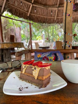 Chocolate & peanut butter cake | raw | sweetened with dates  at Raw Love - Ahau Tulum Beach in Tulum