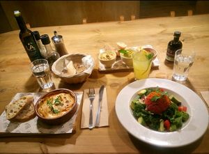Delicious vegan lasagna and salad at Le Pain Quotidien - Serrano in Madrid