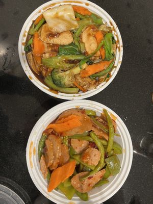 Vegan General Tso's Beef (some already eaten) and Chicken with mixed vegetables   at Taste of China in Tarrytown