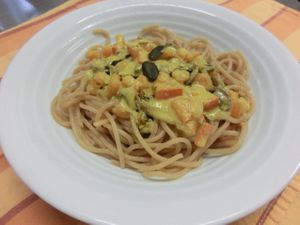 whole grain spaghetti with pumpkin cream source at Coco Genki in Berlin