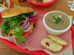 Cheezeburger and cream of mushroom soup at The Dancing Dog in Urbana
