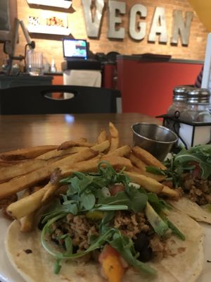 Tacos with fries instead of salad at The Dancing Dog in Urbana