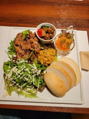 Set meal with bread and soy meat. Can also come with rice but vegan bread is so hard to come by in Japan so I opted for the bread.  at Little-Heaven in Kyoto