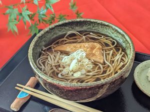 Hot Soba Noodle Soup with Fried Tofu. at Little-Heaven in Kyoto