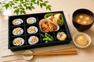 Vegan bento set with nori rolls, pasta, ganmodoki, seasonal vegetables, miso soup, and apple kanten. at Ermine's Kitchen in Kyoto