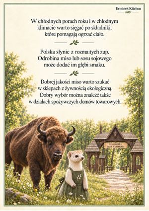 Polish-language poster featuring miso, warming foods, and a scene inspired by Białowieża Forest. at Ermine's Kitchen in Kyoto