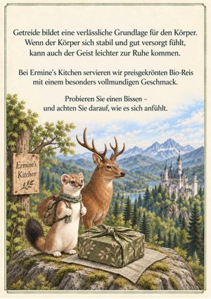 German-language poster featuring our award-winning organic rice, with a scene inspired by the Bavarian Alps. at Ermine's Kitchen in Kyoto