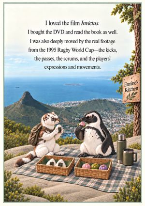 South Africa-inspired poster featuring Cape Town and a personal memory of the 1995 Rugby World Cup. at Ermine's Kitchen in Kyoto