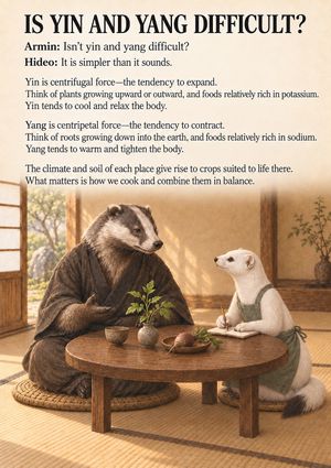 A gentle Ermine’s Kitchen poster introducing yin and yang through a quiet conversation about everyday food. at Ermine's Kitchen in Kyoto