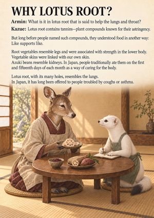 An Ermine’s Kitchen poster exploring lotus root and a traditional Japanese way of understanding food and the body. at Ermine's Kitchen in Kyoto