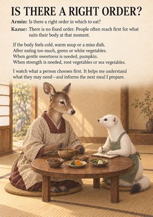 An Ermine’s Kitchen poster about listening to the body and choosing food in the order that feels right in the moment. at Ermine's Kitchen in Kyoto