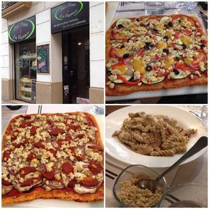 Laia Pizza (tomato, tofu, carrot cheese, onion, olives, red pepper, zucchini and eggplant). 
Chorizo Pizza (tomato, vegan spicy chorizo, tofu, onion and eggplant). 
Pasta funghi with mushrooms and almond sauce at Dolce Pizza y Los Veganos - Hipolit Lazaro in Barcelona