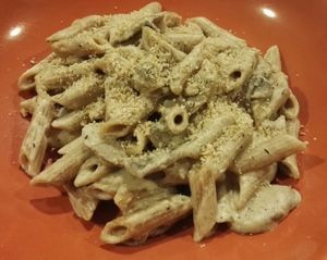 Pasta with a creamy almond mushroom sauce at Dolce Pizza y Los Veganos - Hipolit Lazaro in Barcelona