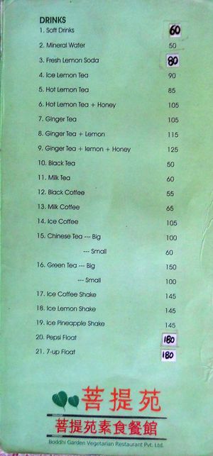 menu at Boddhi Garden Vegetarian Restaurant in Kathmandu