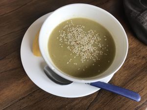 The soup that came with the meal of the day with a little banana at El Punto Veggie in Salento