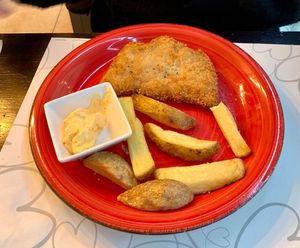 “Pollo” rebozado. Buenísimo también  at Cor Verd in Igualada