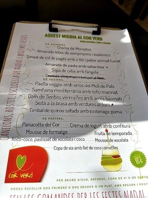 The daily menu changes every day (15 euros per person, Monday to Friday for lunch) at Cor Verd in Igualada