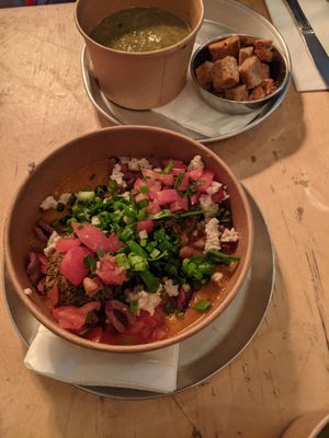 Vegan kzizot-pattie - served on polenta and in a tomato sauce  at Alegria in Tel Aviv