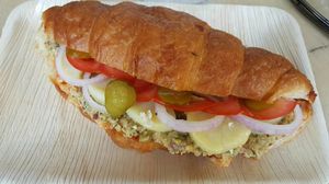 Vegan fricassee sandwich on croissant at Alegria in Tel Aviv