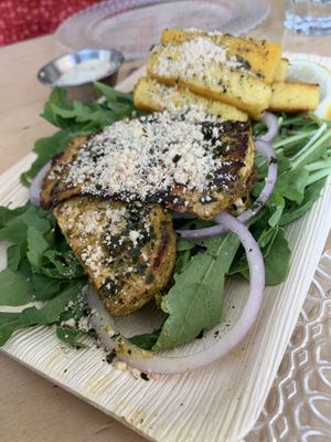 Seaweed tofu with polenta sticks at Alegria in Tel Aviv