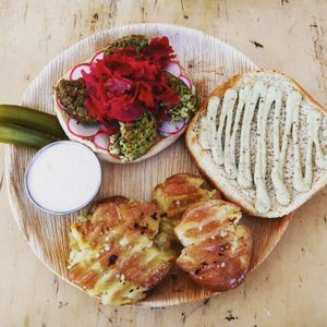 Sea burger with fishy tofu patties at Alegria in Tel Aviv