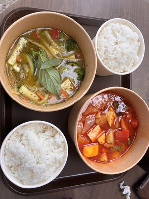 Green curry and yellow springs curry both with tofu   at Tik's Thai Yellow Springs in Yellow Springs