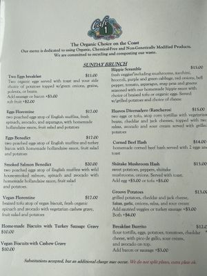 Brunch menu  at Cafe One in Fort Bragg