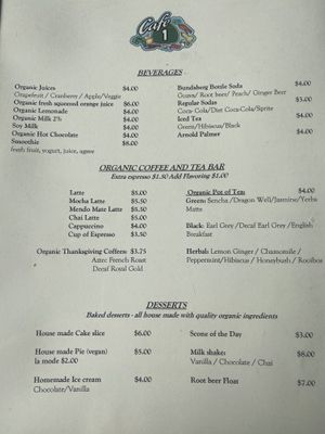 Drink menu  at Cafe One in Fort Bragg