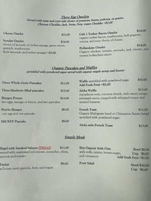 Main menu   at Cafe One in Fort Bragg