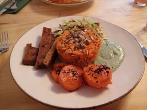 Seitan with carrot rice and, erm, carrots at Bites and Wines in Antwerpen
