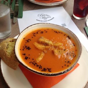 Carrot ginger soup with black sesame seeds. at Bites and Wines in Antwerpen