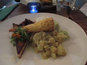 Dish of the day: Roasted parsnip, chutney, seared tofu, quinoa wrapped in a cabbage leaf and roasted cauliflower. at Bites and Wines in Antwerpen