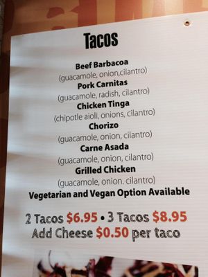 Taco menu at Gourmet Gringos in Aurora