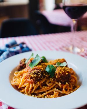 Spaghetti bowl with homemade no meatball made with pea protein and cashew Parmesan  at MARIA in Berlin