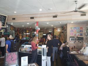 A crowd at noon at Brown Dog Deli in Charleston