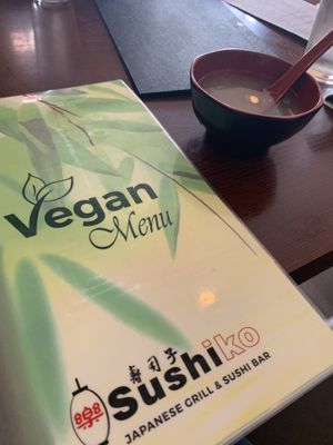 Vegan menu with vegan miso soup at Sushiko in Jacksonville