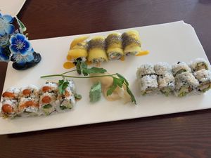 Sweet angel w/ chia on top, tempura vegan fish w/ Sriracha, and tempura shrimp!!!!!!!   at Sushiko in Jacksonville