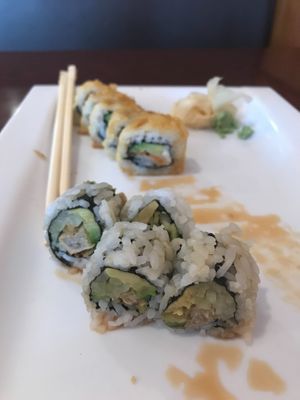 Front roll- Vegan Chicken Tempura Roll- cucumber, avocado, and vegan chicken tempura with vegan eel sauce at Sushiko in Jacksonville