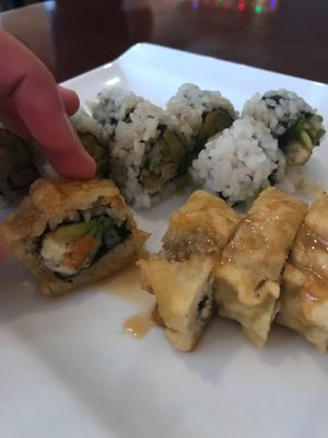 Front roll- JVL's Roll (Jacksonville Vegan Lovers)- sweet potato tempura, avocado, scallion, and Tofutti cream cheese deep fried with rice outside and topped with vegan eel sauce at Sushiko in Jacksonville