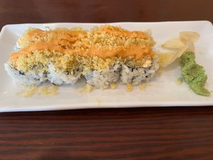 Crunchy Spicy Tofu Roll- Tofutti cream cheese, cucumber, spicy tofu, and crunch on top with vegan spicy mayo at Sushiko in Jacksonville