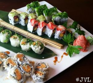 Vegan sushi from Sushiko, Sweet Potato, Icy Veggie, Fruit Roll and Seaweed Salad Farm Roll, all vegan! at Sushiko in Jacksonville