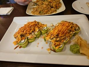 From the 2024 vegan chef challenge, 2 of the blossom rolls, and pictured behind is the vegan house-fried rice at Sushiko in Jacksonville