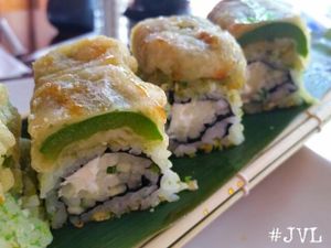 close up of Wasabi Peas roll with Tempura Jalapeno on top, vegan!  at Sushiko in Jacksonville
