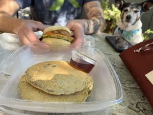 Pancakes and breakfast sandwich  at Urban Beans in Phoenix