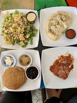Lasagna, short stack of protein pancakes, SW Caesar salad, Italian calzone at Urban Beans in Phoenix
