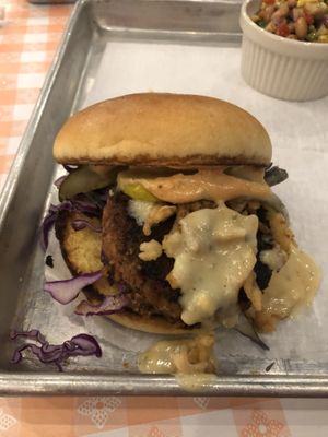 Bru Burger and the Black Eyed Peas did not disappoint!  My wife got the Orange Bird (BBQ) sandwich with the Brussels Sprouts and it was good too... I had a bite. at Dharma Southern Chick'n in Orlando