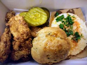 Vegan Chickun box with Creole grits. at Dharma Southern Chick'n in Orlando