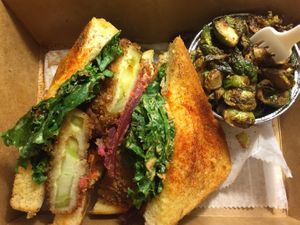 MY BELOVED FRIED GREEN TOMATO SANDWICH!! at Dharma Southern Chick'n in Orlando