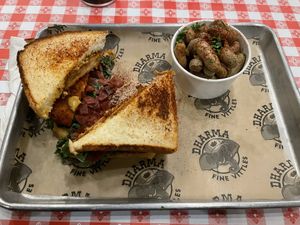 Fried green tomato with boiled peanuts at Dharma Southern Chick'n in Orlando