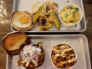 Orange bird sandwich with bbq cauliflower and brew burger with potatoes   at Dharma Southern Chick'n in Orlando